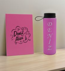 BK Gift Kişiye Özel İsimli Pembe Defter ve Cam Matara Hediye Seti-4, Sevgiliye Hediye, Arkadaşa Hediye, Yeni İş Hediyesi