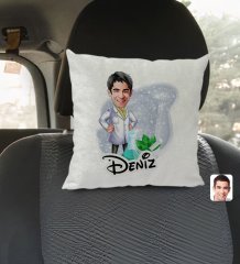 Kişiye Özel İsimli Erkek Eczacı Karikatürlü Kare Araç Koltuk Yastığı-1