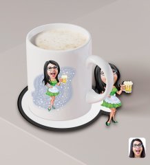Kişiye Özel Kadın Karikatürlü Beyaz Kupa ve Ahşap Bardak Altlığı Hediye Seti-30