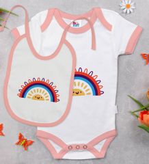 BK Kids Gökkuşağı Tasarımlı Pembe Bebek Body Zıbın ve Mama Önlüğü Hediye Seti-1