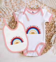 BK Kids Gökkuşağı Tasarımlı Pembe Bebek Body Zıbın ve Mama Önlüğü Hediye Seti-1