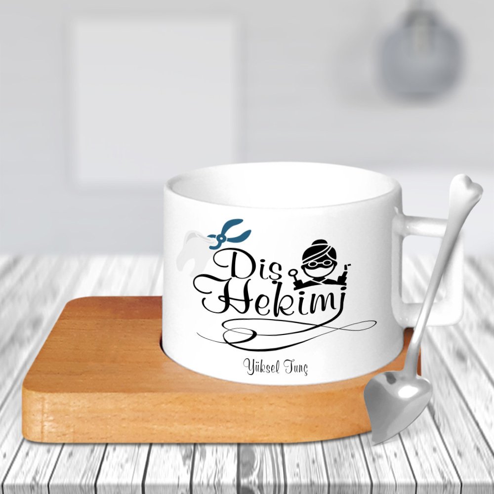 Kişiye Özel Mesleki Diş Hekimi Ahşap Altlıklı Seramik Fincan - 2