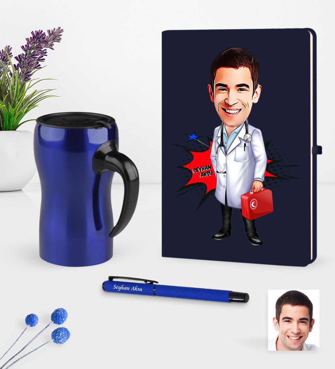 Kişiye Özel Bay Doktor Karikatürlü Lacivert Defter Kalem Termos Mug Seti - 4