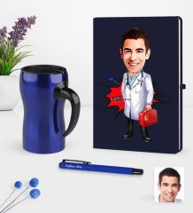 Kişiye Özel Bay Doktor Karikatürlü Lacivert Defter Kalem Termos Mug Seti - 4