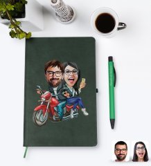 Kişiye Özel Sevgililer Karikatürlü Yeşil Termo Deri Defter Kalem Seti Model 97
