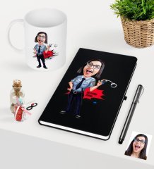 Kişiye Özel Bayan Polis Karikatürlü Siyah Defter Kalem Kupa Seti