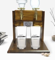 Kişiye Özel Renkli Baskılı İstanbul Tasarımlı Turistik İkili Rakı Bardağı ve Çift Musluklu Doğal Ahşap Rakı Standı-5