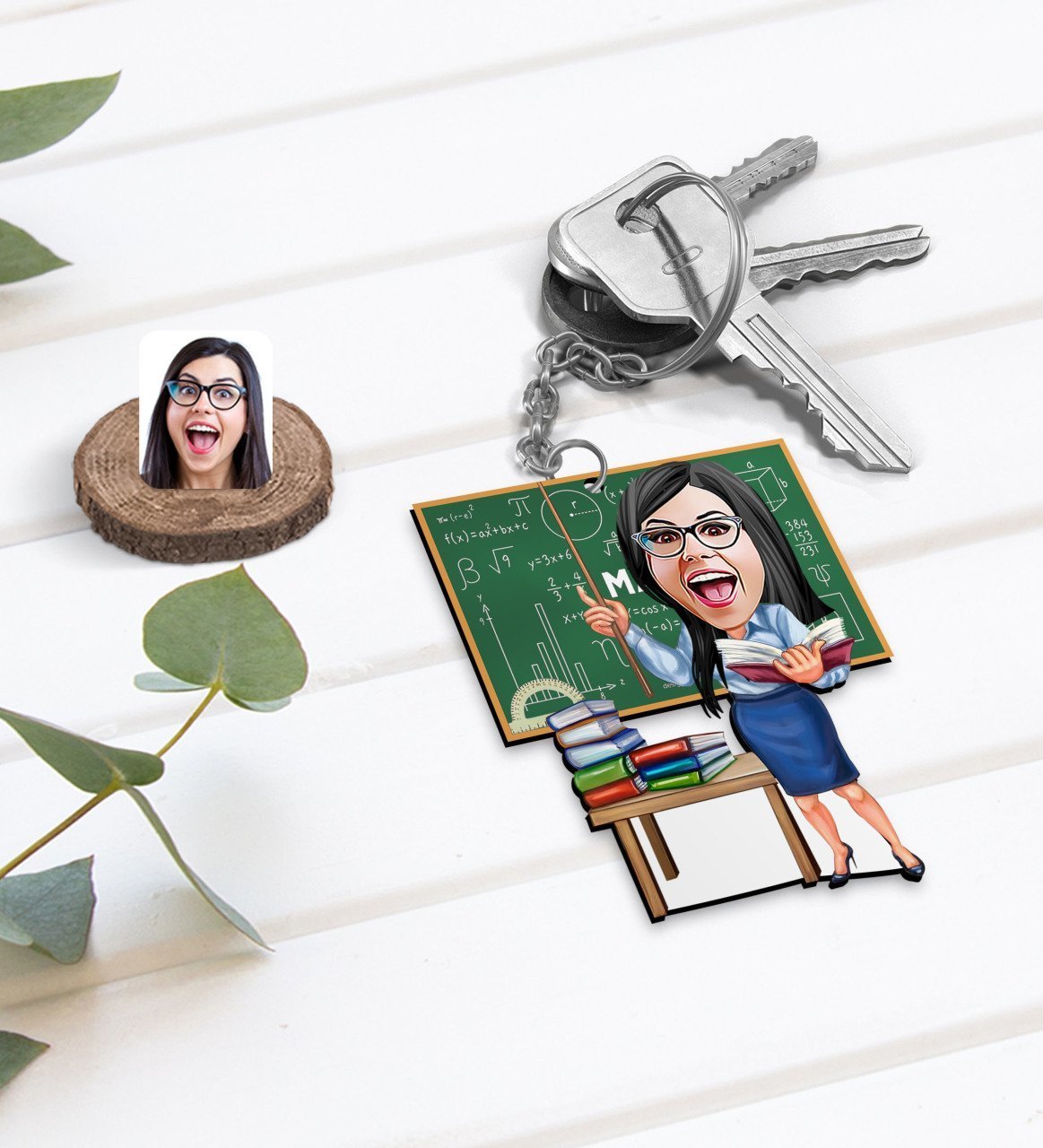 Kişiye Özel Kadın Matematik Öğretmeni Karikatürlü Ahşap Anahtarlık-1