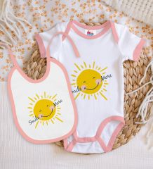BK Kids Smile More Tasarımlı Pembe Bebek Body Zıbın ve Mama Önlüğü Hediye Seti-1