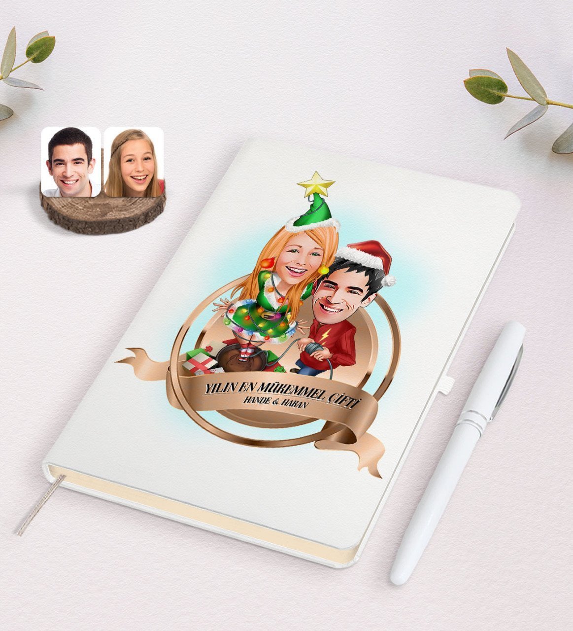 Kişiye Özel Yılın En Mükemmel Çifti Karikatürlü Beyaz Defter ve Kalem Hediye Seti-61