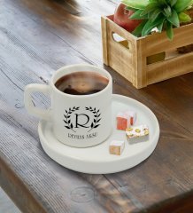 Kişiye Özel Sunum Tabaklı Çelenk Baş Harfli İsimli Türk Kahvesi Fincanı Model 4