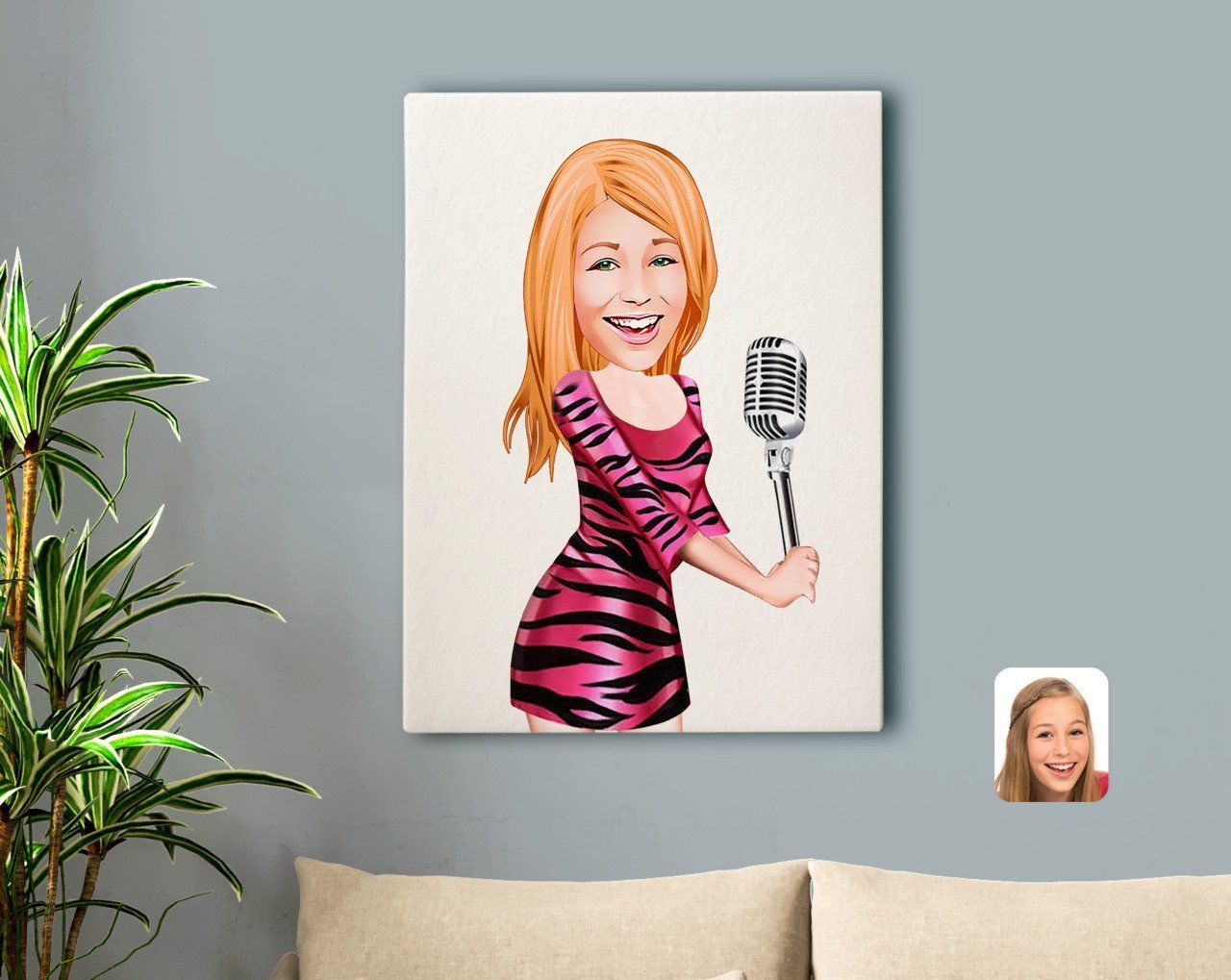 Kişiye Özel Şarkı Söyleyen Kız Karikatürlü Kanvas Tablo 50x70cm-2