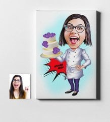 Kişiye Özel Bayan Pasta Şefi Karikatür Kanvas Tablo (50 x 70 cm.) 1