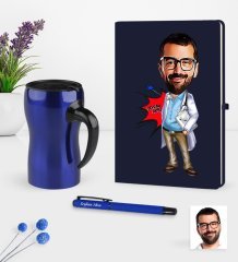 Kişiye Özel Bay Doktor Karikatürlü Lacivert Defter Kalem Termos Mug Seti - 3