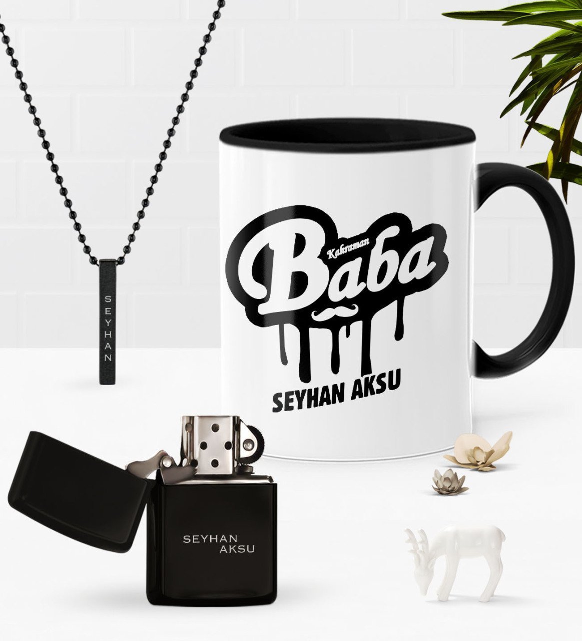 Kişiye Özel Kahraman Baba Siyah Kupa Benzinli Çakmak Kolye Seti