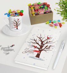 Kişiye Özel Yılbaşı Mutlu Yıllar Beyaz Defter Kalem Türk Kahvesi Fincanı ve Kutulu Haribo Şeker Hediye Seti-25