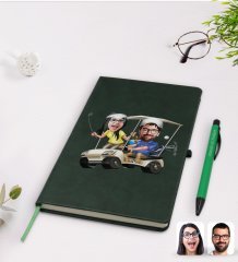 Kişiye Özel Sevgililer Karikatürlü Yeşil Termo Deri Defter Kalem Seti Model 96