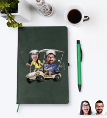 Kişiye Özel Sevgililer Karikatürlü Yeşil Termo Deri Defter Kalem Seti Model 96