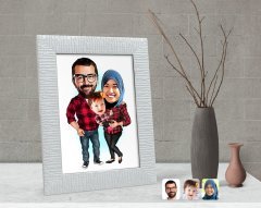 Kişiye Özel Tesettürlü Aile Karikatürlü Dekoratif Çerçeve-2