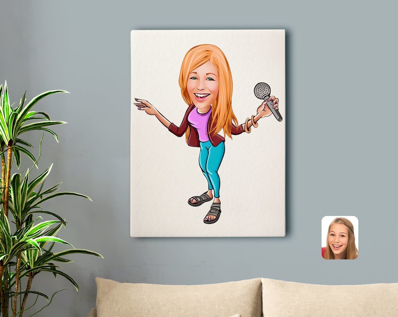 Kişiye Özel Şarkı Söyleyen Kız Karikatürlü Kanvas Tablo 50x70cm-1