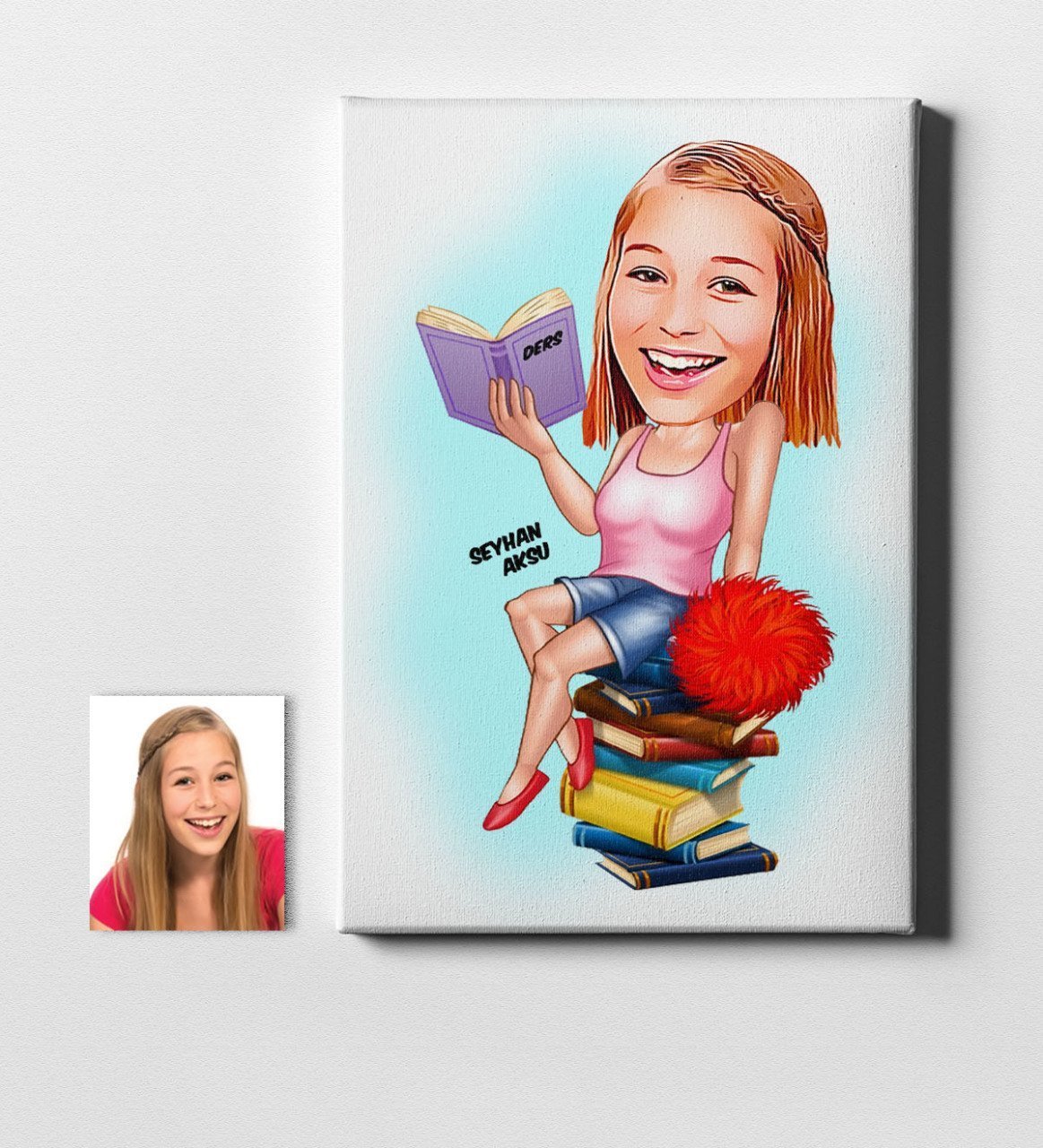 Kişiye Özel Bayan Öğrenci Karikatür Kanvas Tablo (50 x 70 cm.) 1