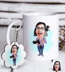 Kişiye Özel Bayan Profesyonel Fotoğrafçı Karikatürlü Beyaz Kupa ve Anahtarlık Hediye Seti-1