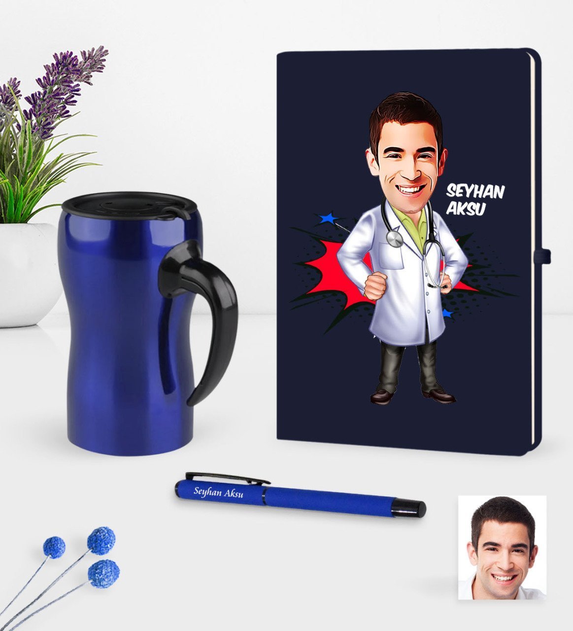 Kişiye Özel Bay Doktor Karikatürlü Lacivert Defter Kalem Termos Mug Seti - 2