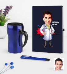 Kişiye Özel Bay Doktor Karikatürlü Lacivert Defter Kalem Termos Mug Seti - 2