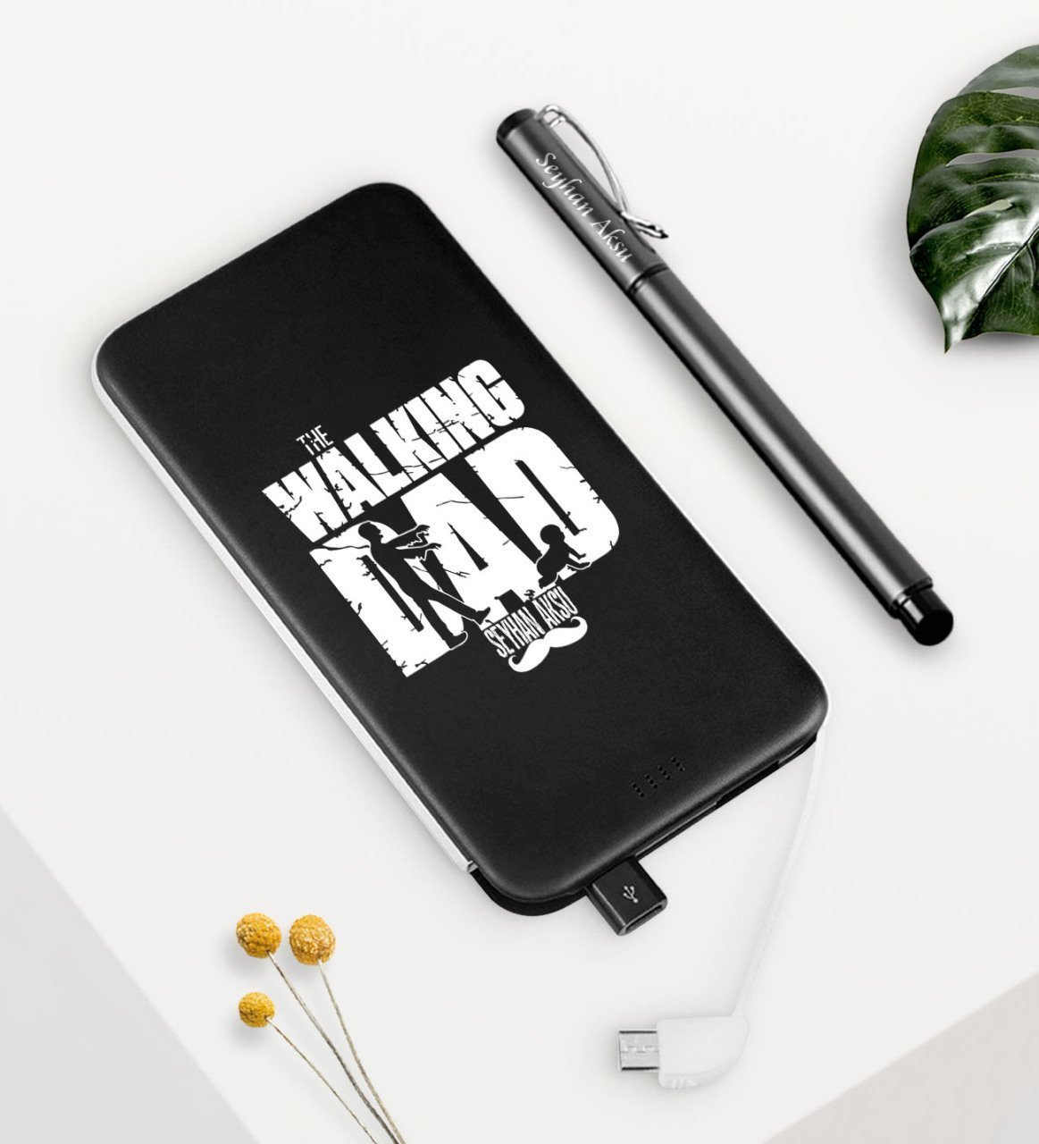 Kişiye Özel The Walking Dad Siyah 5000 mAh Powerbank ve Kalem Seti