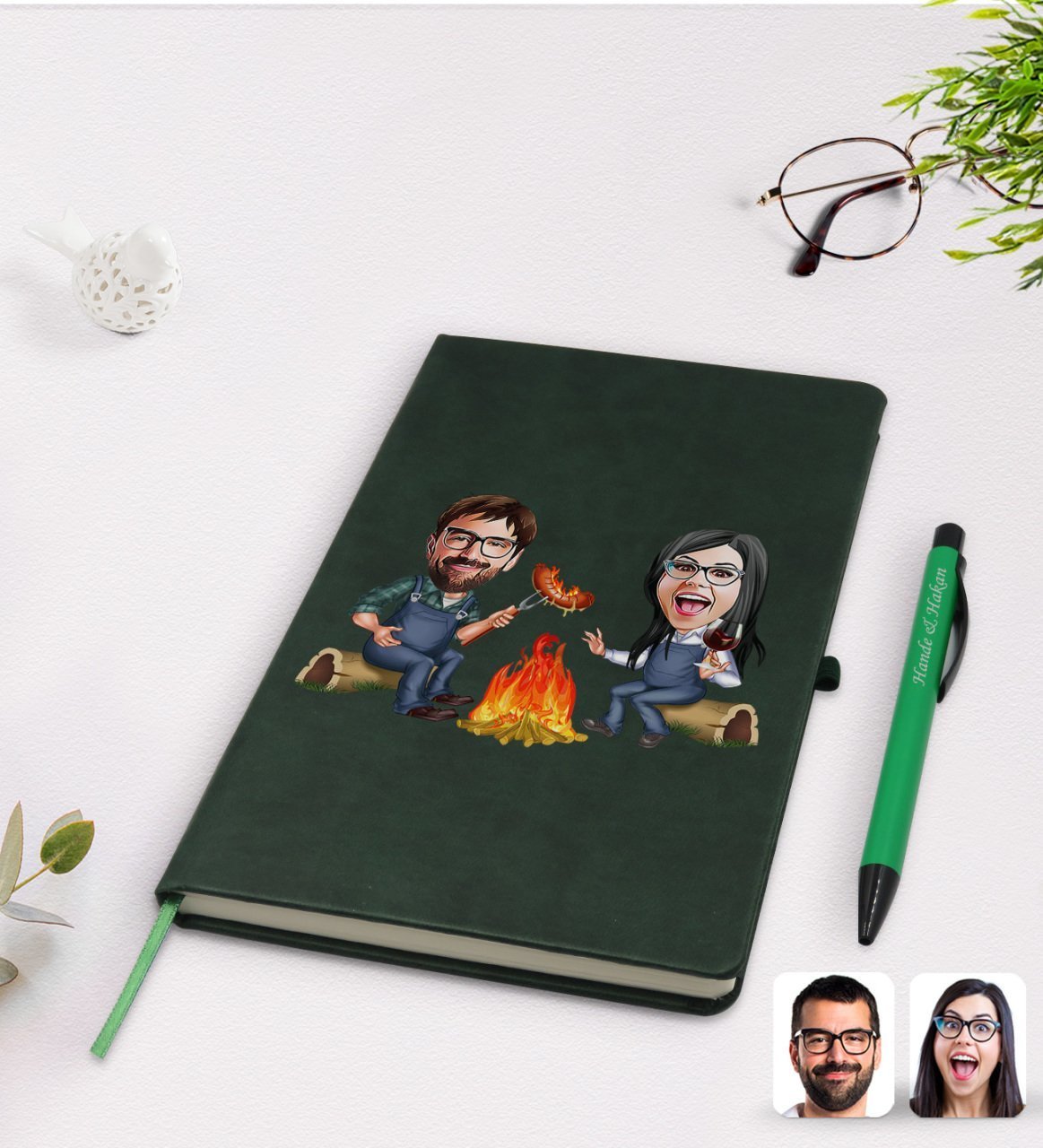 Kişiye Özel Sevgililer Karikatürlü Yeşil Termo Deri Defter Kalem Seti Model 95