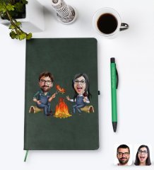 Kişiye Özel Sevgililer Karikatürlü Yeşil Termo Deri Defter Kalem Seti Model 95
