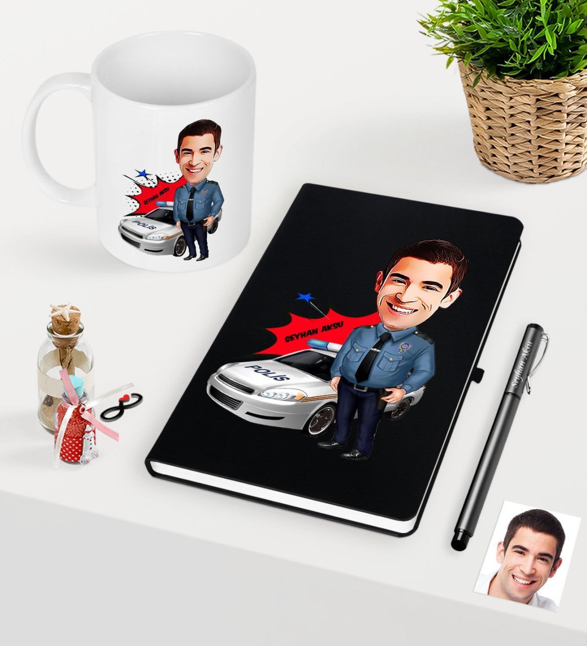 Kişiye Özel Bay Trafik Polisi Karikatürlü Siyah Defter Kalem Kupa Seti - 2