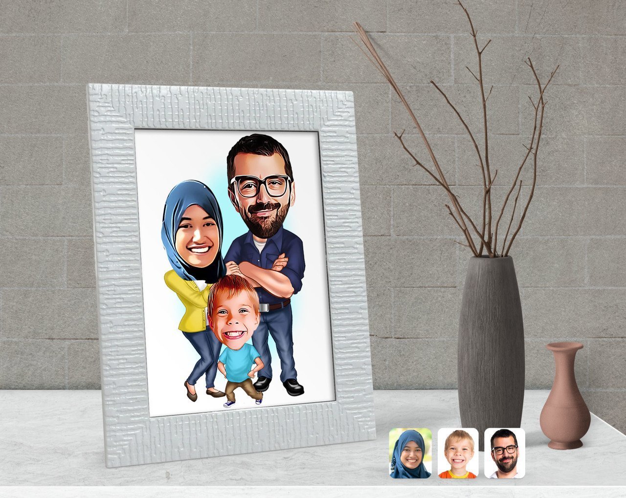Kişiye Özel Tesettürlü Aile Karikatürlü Dekoratif Çerçeve-1
