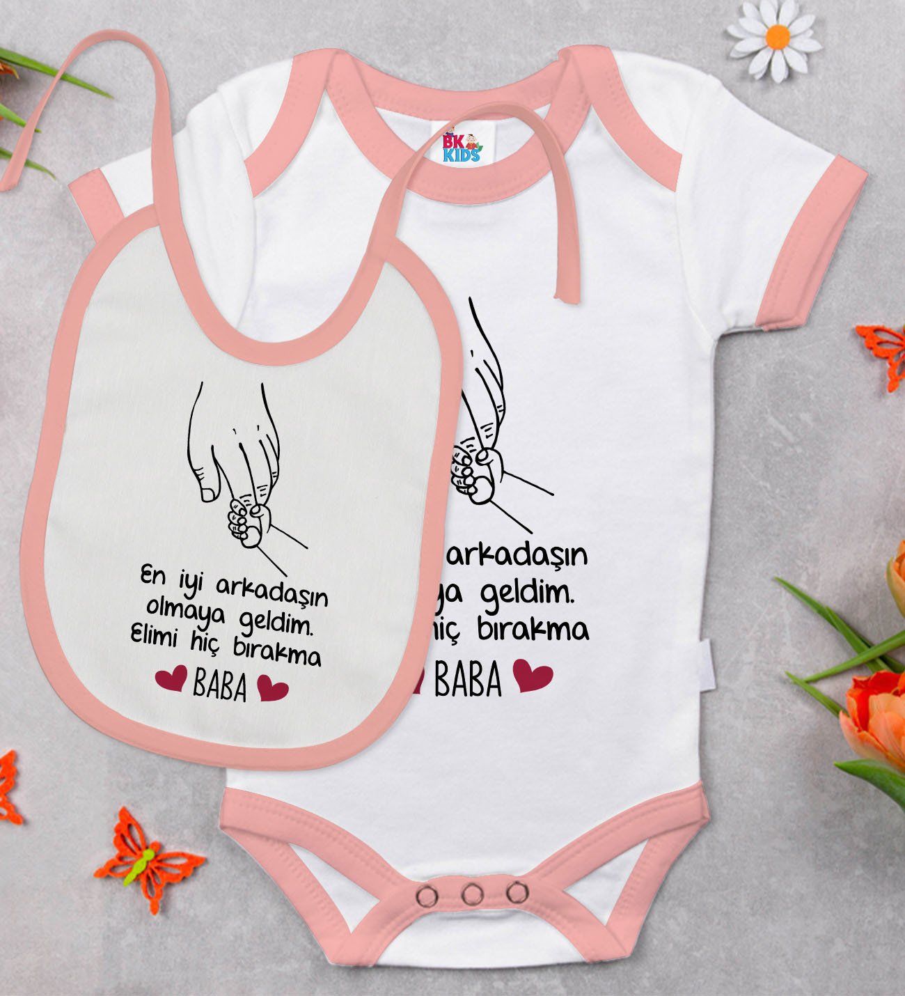 BK Kids Baba Tasarımlı Pembe Bebek Body Zıbın ve Mama Önlüğü Hediye Seti-1