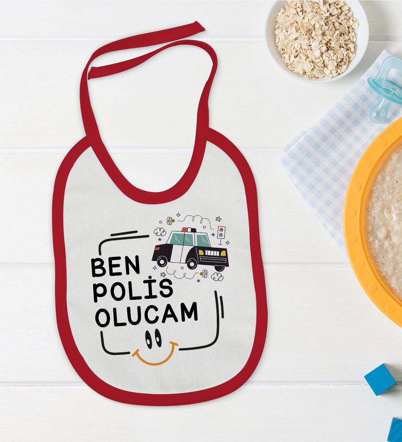 BK Kids Polis Olucam Tasarımlı Kırmızı Bebek Mama Önlüğü-1