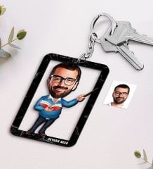 Kişiye Özel İsimli Erkek Öğretmen Karikatürlü Ahşap Anahtarlık-4