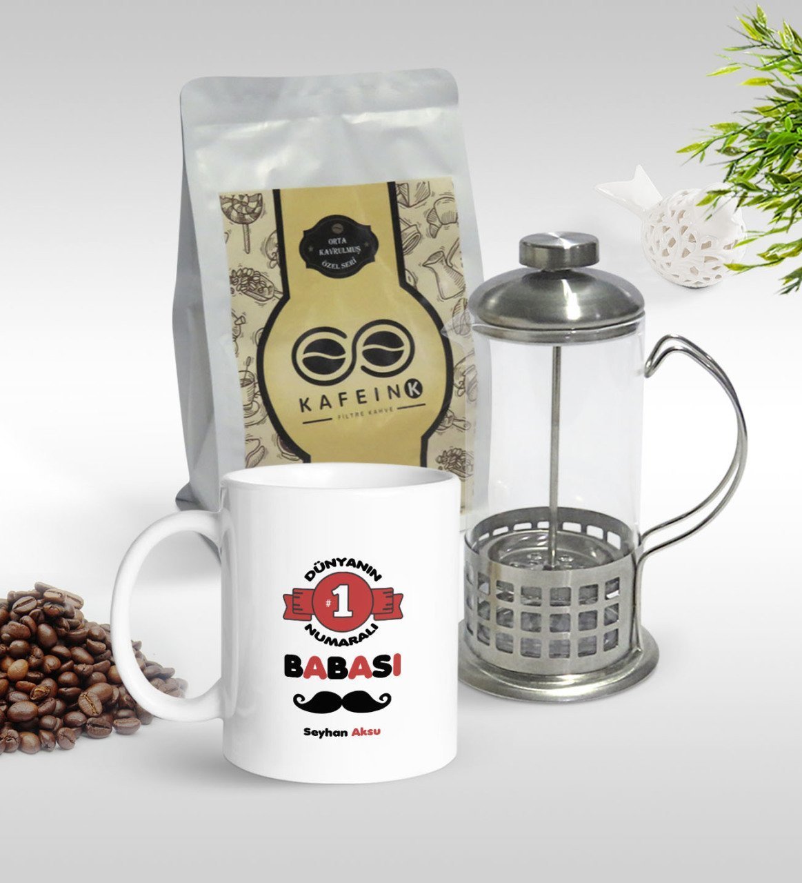 Kişiye Özel Dünyanın 1 Numaralı Babası Tasarımlı Kupa & French Press & 250gr Filtre Kahve Hediye Seti-1