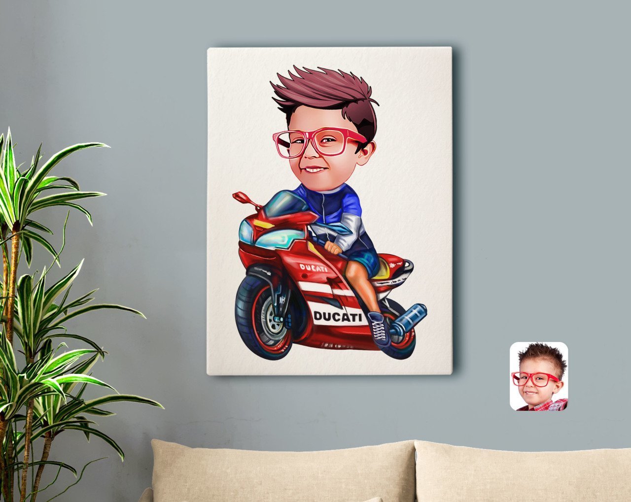 Kişiye Özel Motorcu Çocuk Karikatürlü Kanvas Tablo 50x70cm-1
