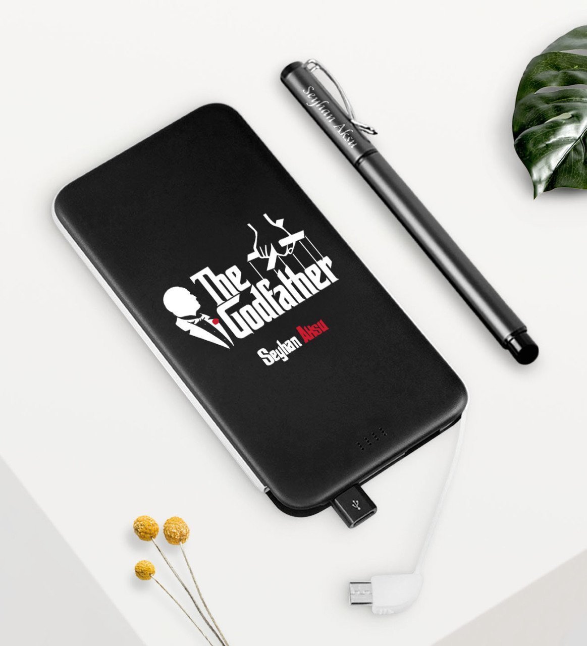 Kişiye Özel The Godfather Siyah 5000 mAh Powerbank ve Kalem Seti