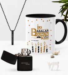 Kişiye Özel İlk Babalar Günün Kutlu Olsun Siyah Kupa Benzinli Çakmak Kolye Seti-5