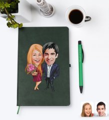 Kişiye Özel Sevgililer Karikatürlü Yeşil Termo Deri Defter Kalem Seti Model 94