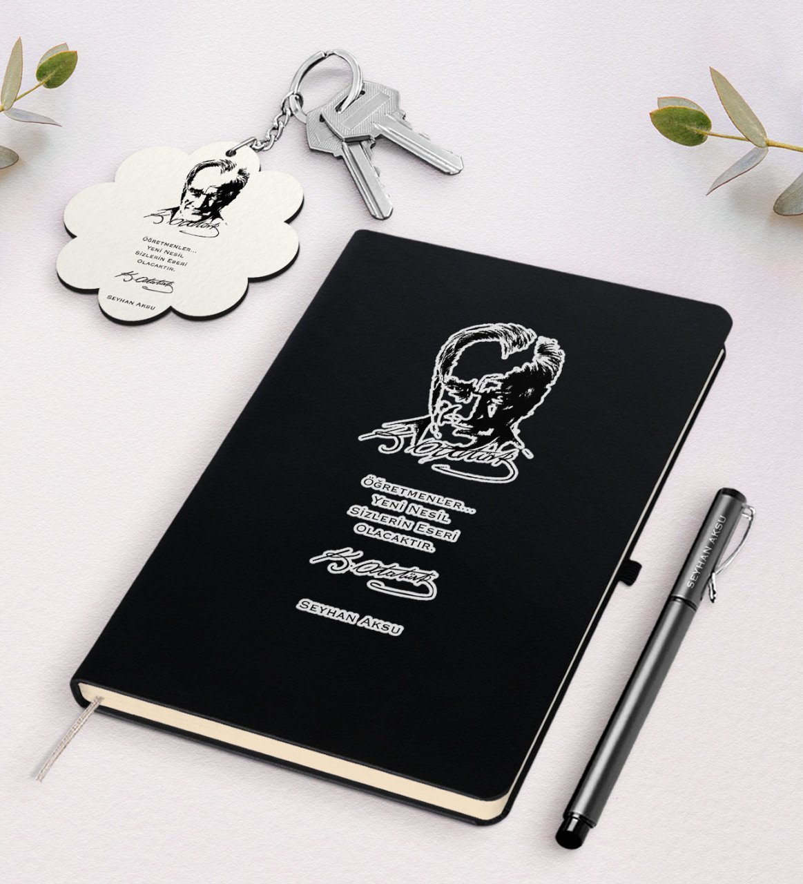 Kişiye Özel Atatürk Öğretmen Siyah Defter Kalem Ve Anahtarlık Hediye Seti-2