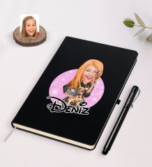 Kişiye Özel Kadın Aşçı Karikatürlü Siyah Defter ve Kalem Hediye Seti-2