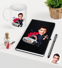 Kişiye Özel Bay Trafik Polisi Karikatürlü Siyah Defter Kalem Kupa Seti - 1