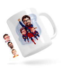 Kişiye Özel Süper Baba ve 2 Çocuk Karikatürlü Beyaz Kupa Bardak
