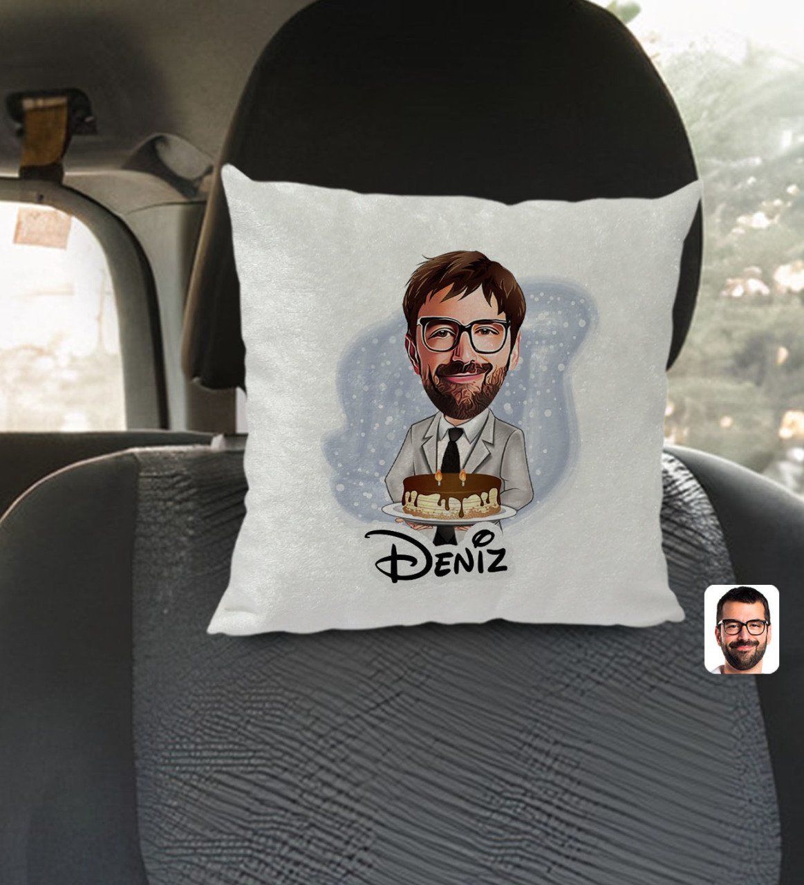 Kişiye Özel İsimli Erkek Doğum Günü Karikatürlü Kare Araç Koltuk Yastığı-4