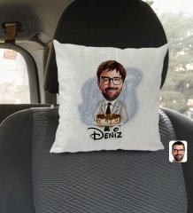 Kişiye Özel İsimli Erkek Doğum Günü Karikatürlü Kare Araç Koltuk Yastığı-4