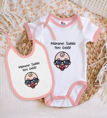 BK Kids Mekanın Sahibi Yeni Geldi Tasarımlı Pembe Bebek Body Zıbın ve Mama Önlüğü Hediye Seti-1