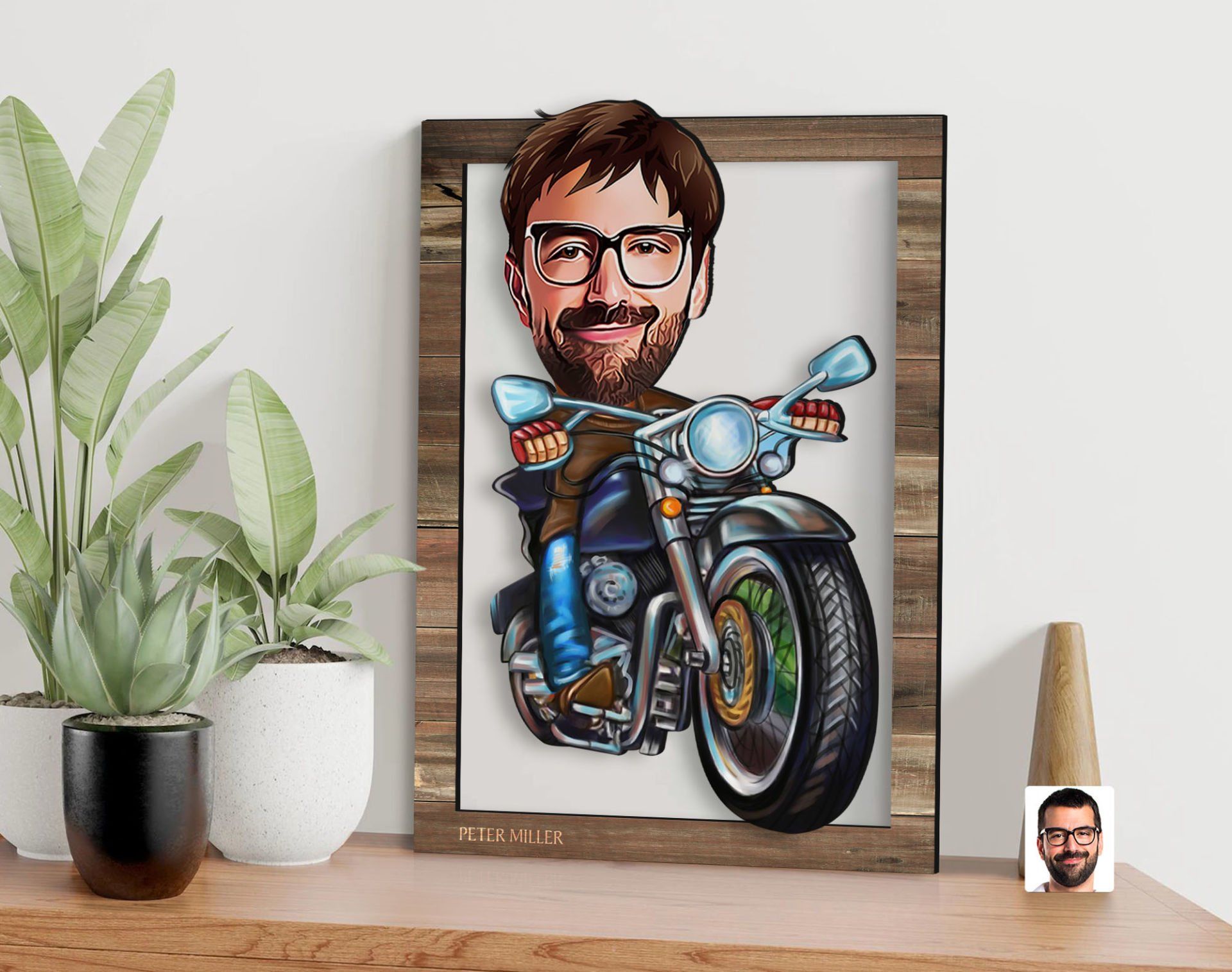 BK Gift Kişiye Özel Erkek Motorcu Karikatürlü 3D Ahşap Tablo, Sevgiliye Hediye, Arkadaşa Hediye, Yıl Dönümü Hediyesi, Doğum Günü Hediyesi-2