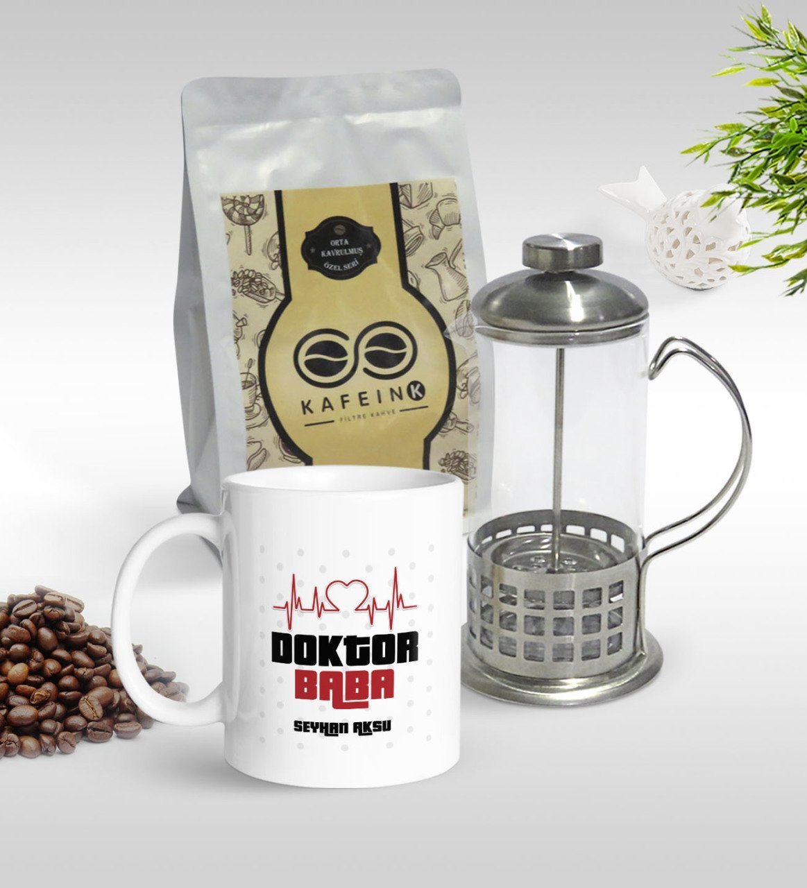 Kişiye Özel Doktor Baba Tasarımlı Kupa & French Press & 250gr Filtre Kahve Hediye Seti-2